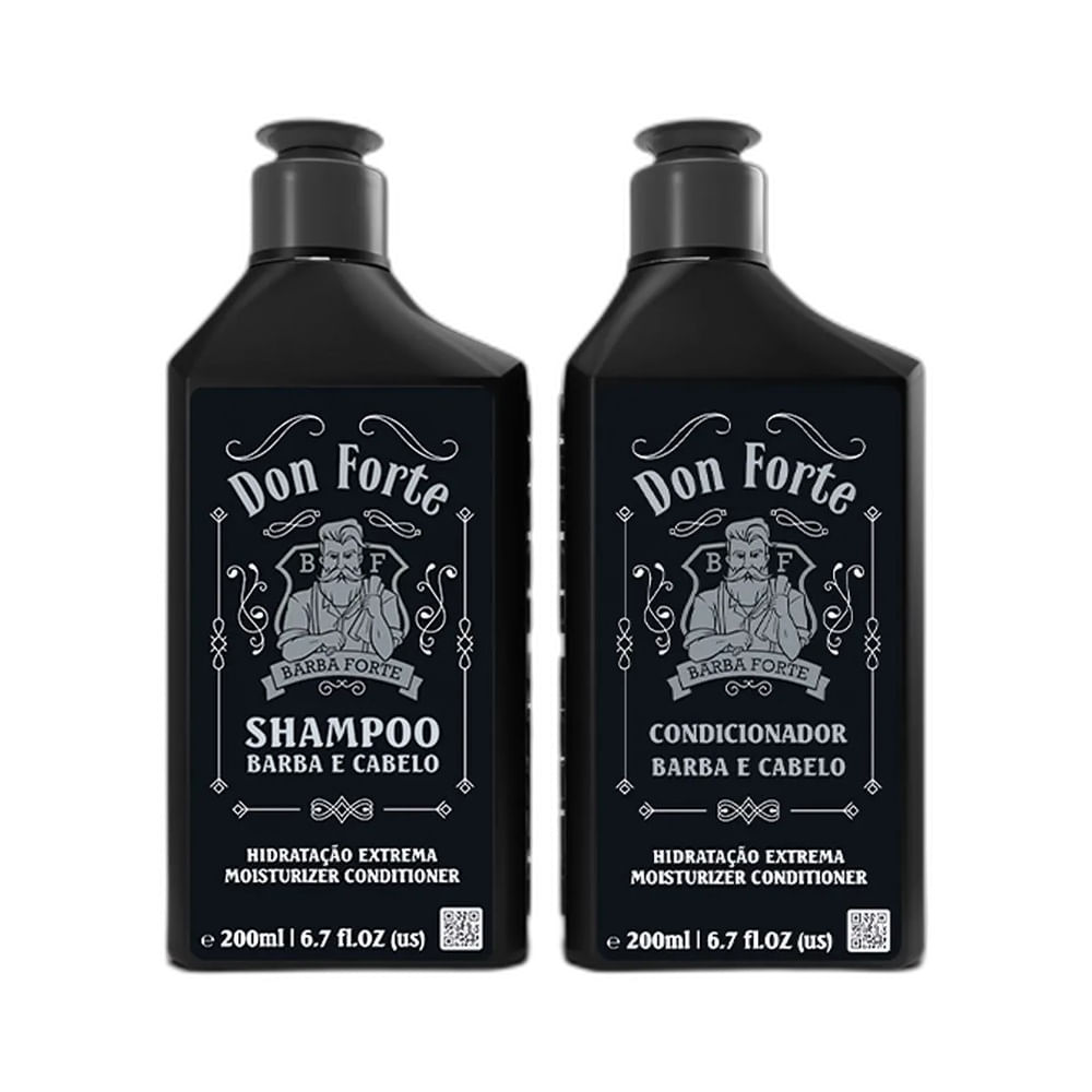 Frascos do Kit Barba Forte Don Forte com design preto e rótulo branco